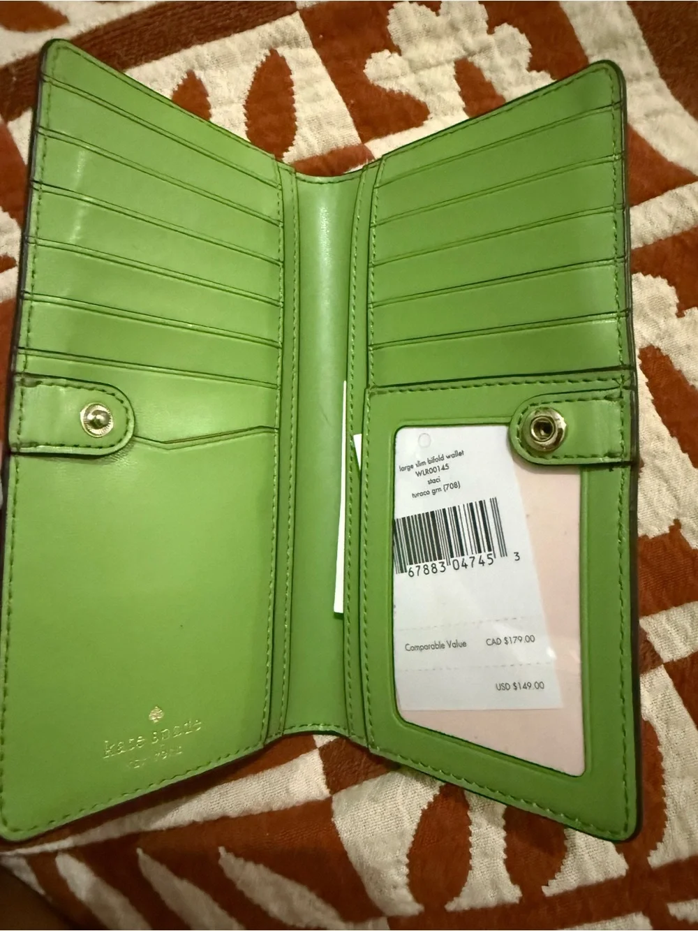 Kate Spade Bright Green Large Slim Bifold Wallet